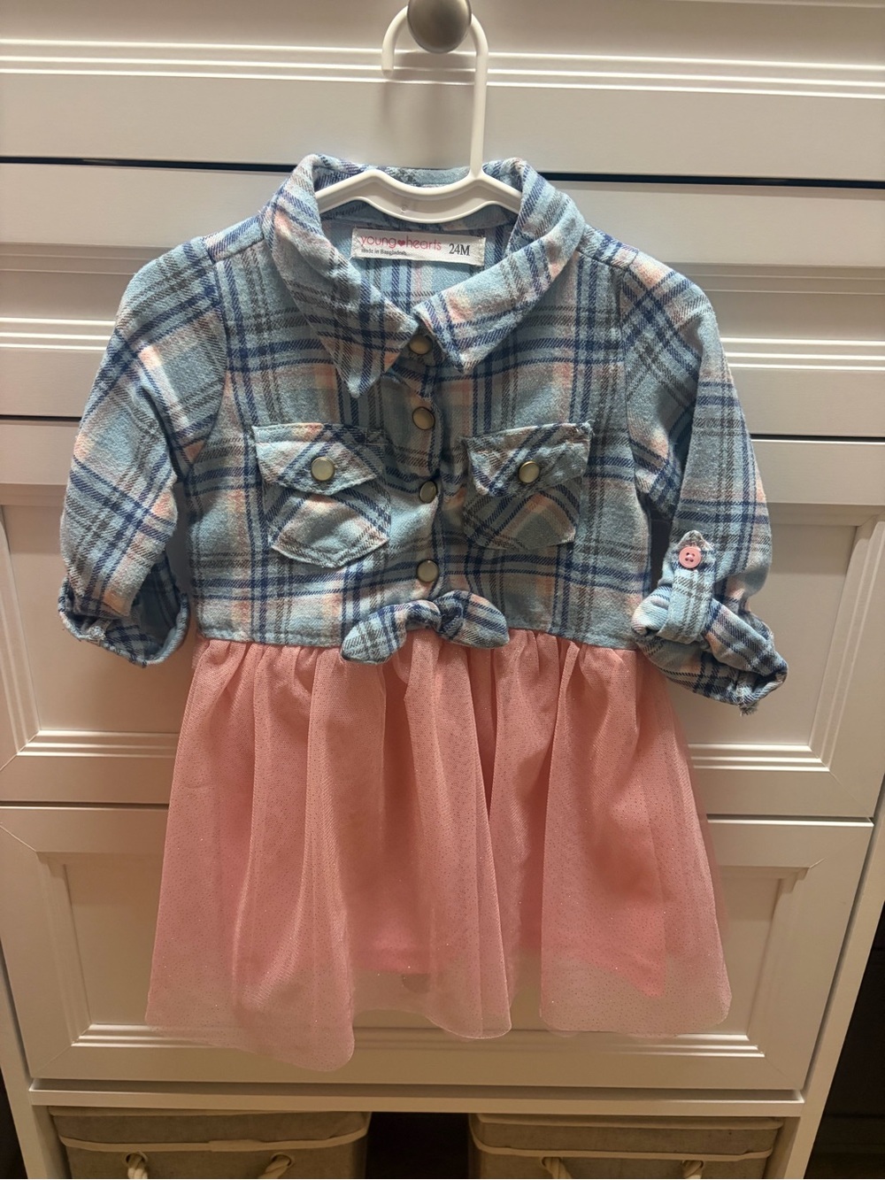 Blue Plaid Button-Up Top with Pink Tulle Skirt Dress